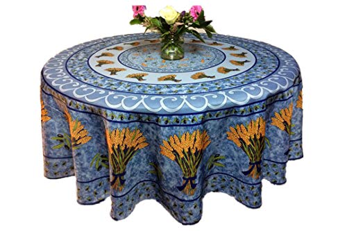 Tischdecke, schmutzabweisend, Motiv Weizenstrauß, rechteckig oder rund, mehrere Größen, knitterfrei, pflegeleicht - Provenceal Stil für Küche und Garten (blau, 180 cm) von Promo Linge