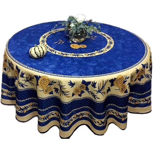 Tischdecke mit Sonnenblumenmotiv, schmutzabweisend, rechteckig, rund, mehrere Größen, knitterfrei, pflegeleicht – Provence-Stil, für Küche und Garten (blau, 180 cm) von Promo Linge