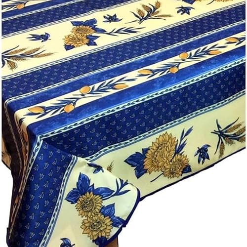 Tischdecke mit Sonnenblumenmotiv, schmutzabweisend, rechteckig, rund – viele Größen, knitterfrei, pflegeleicht – Provence-Stil, für Küche und Garten (Blau, 200 x 150 cm) von Promo Linge