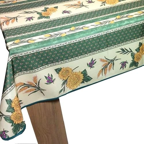 Tischdecke mit Sonnenblumenmotiv, schmutzabweisend, rechteckig, rund – viele Größen, knitterfrei, pflegeleicht – Provence-Stil, für Küche und Garten (Grün, 300 x 150 cm) von Promo Linge