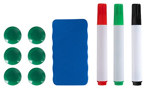 Pronomic WBA-6090 Whiteboard Zubehör Set - 3 Marker Stifte in Rot, Grün und Schwarz, Schwamm Radierer und Wischer, 6 Haft-Magnete von Pronomic