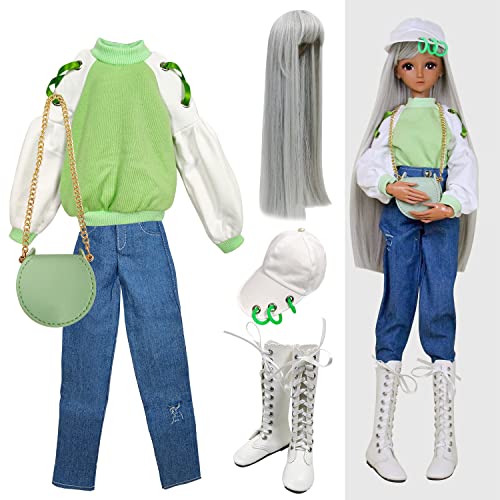 Proudoll 1/3 BJD Puppe Kleidung Outfit Set Handcrafted stilvolle grüne Hoodie, Jeans, Kappe, Perücke, Cross-Body Tasche und Stiefel, kompatibel mit 1/3 60cm 24in SD Puppen von Proudoll
