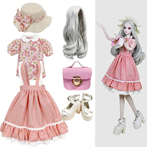 Proudoll 1/3 BJD Puppe Kleidung Outfit Set mit handgefertigten stilvollen Blumen Bluse, rosa Riemen Kleid, Perücke, Handtasche und High Heel, kompatibel mit 1/3 60cm 24in SD Puppen von Proudoll