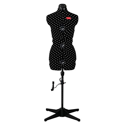 PRYM 611753 Schneiderpuppe „Prymadonna Polka Dots“ in schwarz-weißem Pünktchen-Design, dreh- und höhenverstellbar, Größe M (42-48), inkl. Rockabrunder mit Stecknadelfixierung, integriertes Nadelkissen von Prym