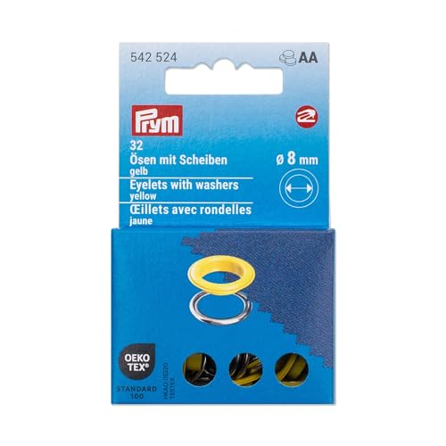 Prym 542524 Ösen mit Scheiben, 8 mm, gelb/silberfarbig, kompatibel mit dem Vario Creative Tool von Prym