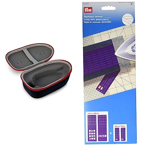 Prym 612100 Case, Tasche, Box für Mini-Bügeleisen, Dunkelblau & 611937 Bügellineale universal Lineal, Kunststoff von Prym