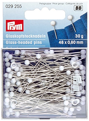 Prym Glaskopfnadeln, 0,80 x 48mm, weiß, 30g, Karte mit Dose, Stahl, 48 x 0,8mm von Prym