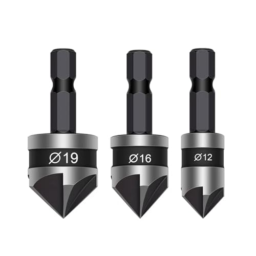 Kegelsenkerbohrer, Sechskantschaft, Kegelsenkerbohrer, 90 Grad, 5 Nuten, Anfaswerkzeug, Schnellwechsel-Bits, Metallentgraten, Fasenbohrer, inklusive 12 mm, 16 mm, 19 mm für Holzbearbeitung, 3 Stück Kegelsenkerbohrer, Sechskantschaft, Kegelsenkerbohrer, 90 Grad, 5 Nuten, Anfaswerkzeug, Schnellwechsel-Bits, Metallentgraten, Fasenbohrer, inklusive 12 mm, 16 mm, 19 mm für Holzbearbeitung, 3 Stück von Pryon