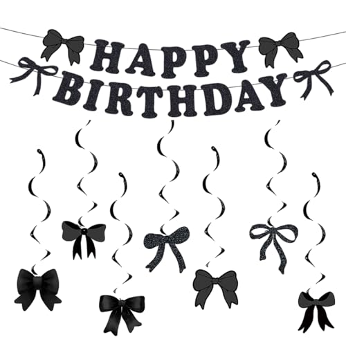 Schwarze Schleife Geburtstag Party Dekorationen für Mädchen und Frauen, Kokette Geburtstag Banner und hängende Wirbel, niedliche rosa Schleife Party Dekor für Babyparty, Junggesellinnenabschied Schwarze Schleife Geburtstag Party Dekorationen für Mädchen und Frauen, Kokette Geburtstag Banner und hängende Wirbel, niedliche rosa Schleife Party Dekor für Babyparty, Junggesellinnenabschied von Pryon