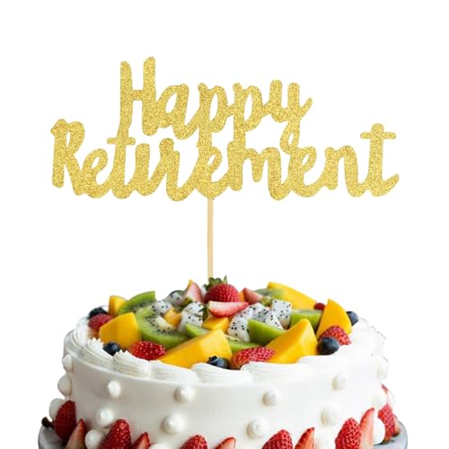 Tortenaufsatz "Happy Retirement", elegante Kuchendekoration für Ruhestandsparty, Partyzubehör, Tafelaufsatz, Cupcake-Topper und Tischdekoration für Damen und Herren (Gold-Glitzer) von Pryon