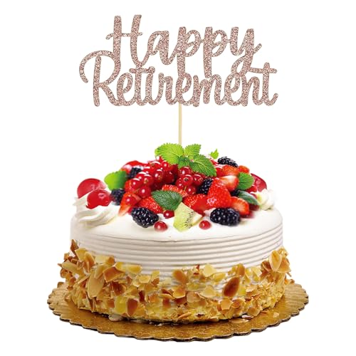 Tortenaufsatz "Happy Retirement", elegante Kuchendekoration für Ruhestandsparty, Ruhestandsparty, Tafelaufsatz, Cupcake-Topper und Tischdekorationen für Damen und Herren (Roségold-Glitzer) von Pryon
