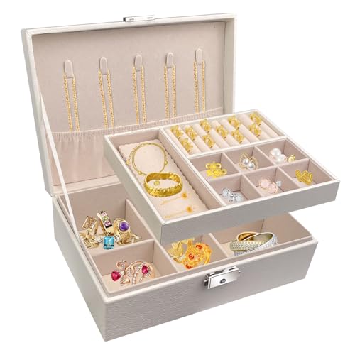 Pryzmax Schmuckaufbewahrung, Schmuckkästchen Mädchen, Schmuckkasten, Schmuck Organizer, Schmuckschatulle, Jewelry Organizer, Schmuckkoffer, Schmuckkiste, für Uhren, Ringe Ohrringe Halsketten, Weiß von Pryzmax