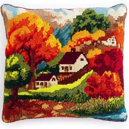 Pskgbxmu Gestempeltes Kreuzstich Kissen 45x45cm Baumhaus DIY Kissen Stickerei Set für kreative Inneneinrichtung Handarbeitsset für erwachsene Anfänger von Pskgbxmu