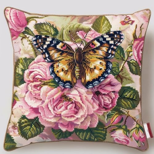 Pskgbxmu Gestempeltes Kreuzstich Kissen 45x45cm Blume und Schmetterling DIY Kissen Stickerei Set für kreative Inneneinrichtung Handarbeitsset für erwachsene Anfänger von Pskgbxmu