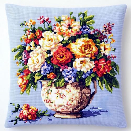 Pskgbxmu Gestempeltes Kreuzstich Kissen 45x45cm Blumen DIY Kissen Stickerei Set für kreative Inneneinrichtung Handarbeitsset für erwachsene Anfänger von Pskgbxmu