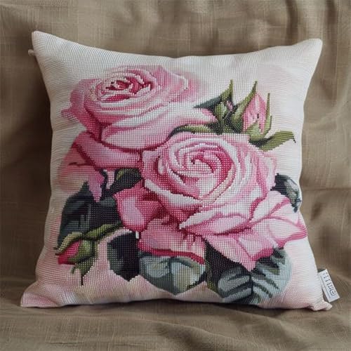 Pskgbxmu Gestempeltes Kreuzstich Kissen 45x45cm Blumen DIY Kissen Stickerei Set für kreative Inneneinrichtung Handarbeitsset für erwachsene Anfänger von Pskgbxmu