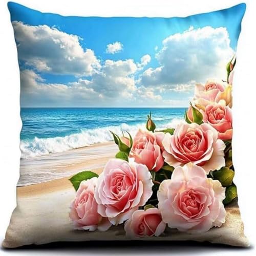 Pskgbxmu Gestempeltes Kreuzstich Kissen 45x45cm Blumenstrandblume DIY Kissen Stickerei Set für kreative Inneneinrichtung Handarbeitsset für erwachsene Anfänger von Pskgbxmu