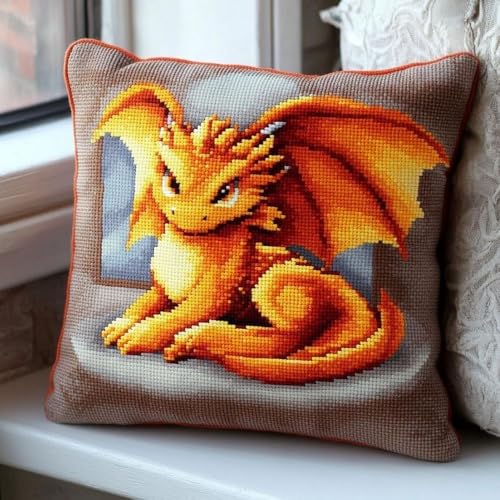 Pskgbxmu Gestempeltes Kreuzstich Kissen 45x45cm Fliegender Drache DIY Kissen Stickerei Set für kreative Inneneinrichtung Handarbeitsset für erwachsene Anfänger von Pskgbxmu