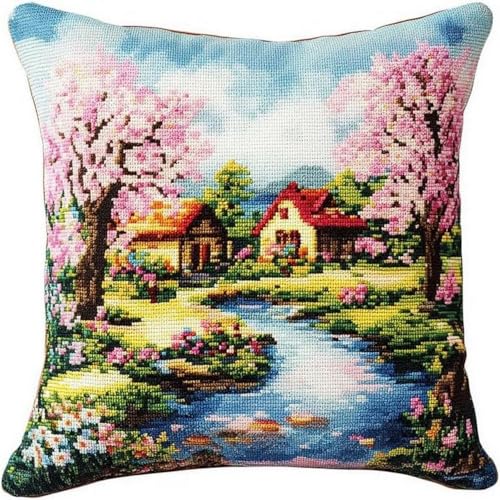 Pskgbxmu Gestempeltes Kreuzstich Kissen 45x45cm Haus DIY Kissen Stickerei Set für kreative Inneneinrichtung Handarbeitsset für erwachsene Anfänger von Pskgbxmu