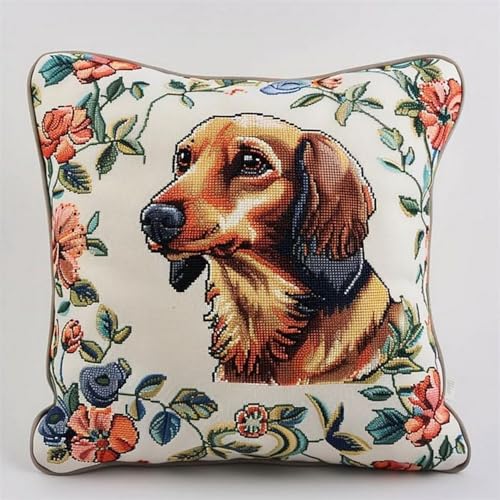 Pskgbxmu Gestempeltes Kreuzstich Kissen 45x45cm Hund DIY Kissen Stickerei Set für kreative Inneneinrichtung Handarbeitsset für erwachsene Anfänger von Pskgbxmu