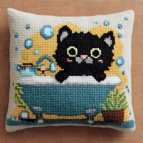 Pskgbxmu Gestempeltes Kreuzstich Kissen 45x45cm Kätzchen in der Badewanne DIY Kissen Stickerei Set für kreative Inneneinrichtung Handarbeitsset für erwachsene Anfänger von Pskgbxmu