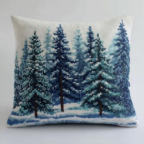 Pskgbxmu Gestempeltes Kreuzstich Kissen 45x45cm Kiefernwald DIY Kissen Stickerei Set für kreative Inneneinrichtung Handarbeitsset für erwachsene Anfänger von Pskgbxmu