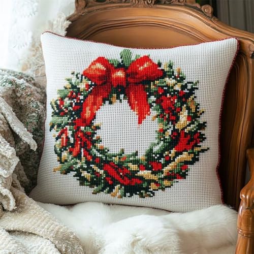 Pskgbxmu Gestempeltes Kreuzstich Kissen 45x45cm Kranz DIY Kissen Stickerei Set für kreative Inneneinrichtung Handarbeitsset für erwachsene Anfänger von Pskgbxmu