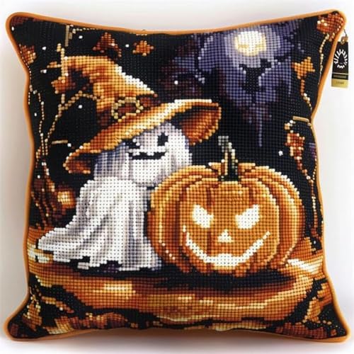 Pskgbxmu Gestempeltes Kreuzstich Kissen 45x45cm Kürbismann DIY Kissen Stickerei Set für kreative Inneneinrichtung Handarbeitsset für erwachsene Anfänger von Pskgbxmu