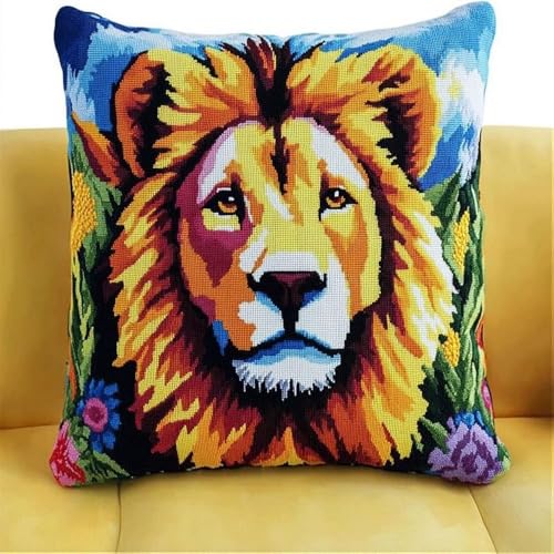 Pskgbxmu Gestempeltes Kreuzstich Kissen 45x45cm Löwe DIY Kissen Stickerei Set für kreative Inneneinrichtung Handarbeitsset für erwachsene Anfänger von Pskgbxmu