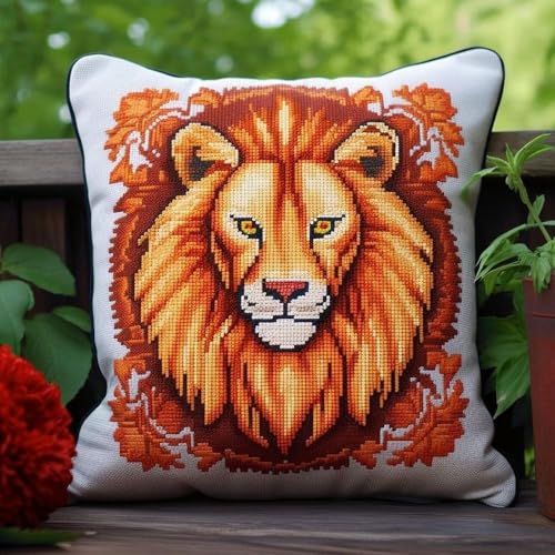 Pskgbxmu Gestempeltes Kreuzstich Kissen 45x45cm Löwe DIY Kissen Stickerei Set für kreative Inneneinrichtung Handarbeitsset für erwachsene Anfänger von Pskgbxmu