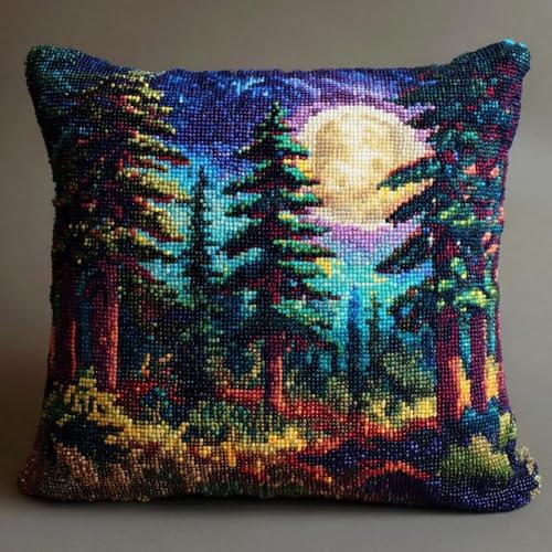 Pskgbxmu Gestempeltes Kreuzstich Kissen 45x45cm Nachtwald DIY Kissen Stickerei Set für kreative Inneneinrichtung Handarbeitsset für erwachsene Anfänger von Pskgbxmu