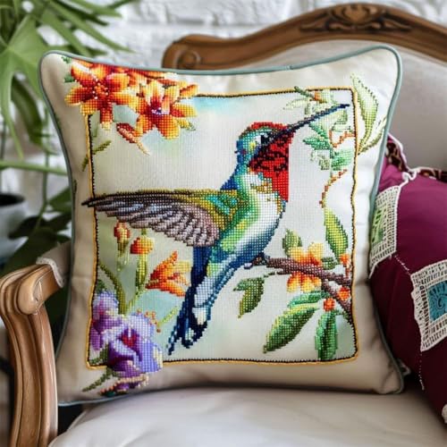 Pskgbxmu Gestempeltes Kreuzstich Kissen 45x45cm Nektar sammelnder Vogel DIY Kissen Stickerei Set für kreative Inneneinrichtung Handarbeitsset für erwachsene Anfänger von Pskgbxmu