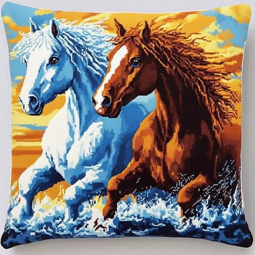 Pskgbxmu Gestempeltes Kreuzstich Kissen 45x45cm Pferd DIY Kissen Stickerei Set für kreative Inneneinrichtung Handarbeitsset für erwachsene Anfänger von Pskgbxmu