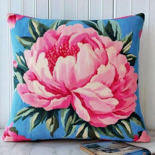 Pskgbxmu Gestempeltes Kreuzstich Kissen 45x45cm Pfingstrose DIY Kissen Stickerei Set für kreative Inneneinrichtung Handarbeitsset für erwachsene Anfänger von Pskgbxmu