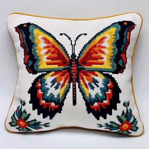 Pskgbxmu Gestempeltes Kreuzstich Kissen 45x45cm Schmetterling DIY Kissen Stickerei Set für kreative Inneneinrichtung Handarbeitsset für erwachsene Anfänger von Pskgbxmu