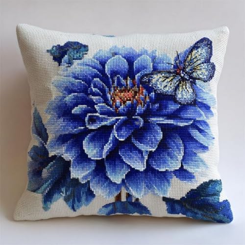 Pskgbxmu Gestempeltes Kreuzstich Kissen 45x45cm Schmetterlingsblume DIY Kissen Stickerei Set für kreative Inneneinrichtung Handarbeitsset für erwachsene Anfänger von Pskgbxmu