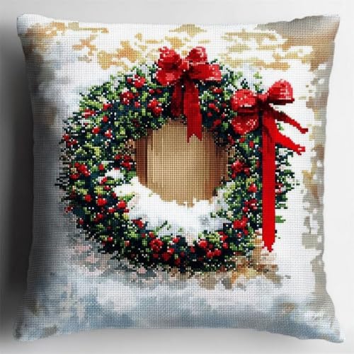 Pskgbxmu Gestempeltes Kreuzstich Kissen 45x45cm Schneeflocken-Weihnachtsknoten DIY Kissen Stickerei Set für kreative Inneneinrichtung Handarbeitsset für erwachsene Anfänger von Pskgbxmu