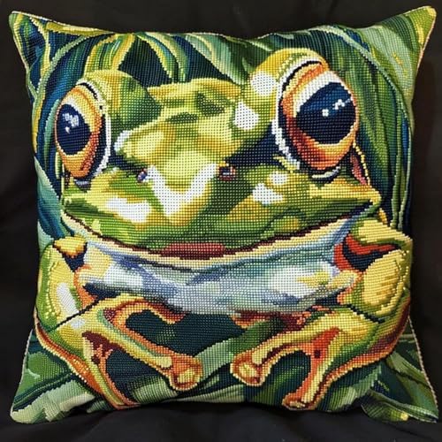 Pskgbxmu Gestempeltes Kreuzstich Kissen 45x45cm Tier Frosch DIY Kissen Stickerei Set für kreative Inneneinrichtung Handarbeitsset für erwachsene Anfänger von Pskgbxmu