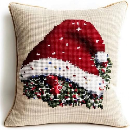 Pskgbxmu Gestempeltes Kreuzstich Kissen 45x45cm Weihnachtsmütze DIY Kissen Stickerei Set für kreative Inneneinrichtung Handarbeitsset für erwachsene Anfänger von Pskgbxmu