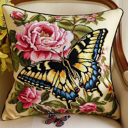 Pskgbxmu Kreuzstickpackung Gestempelte Stick-Kissenbezüge Blume Schmetterling DIY Gebastelt Kissenbezug ohne Kissenkern für kreative Inneneinrichtung Handarbeitsset 45x45cm von Pskgbxmu
