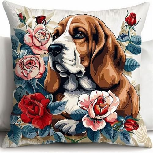 Pskgbxmu Kreuzstickpackung Gestempelte Stick-Kissenbezüge Blumenwelpe DIY Gebastelt Kissenbezug ohne Kissenkern für kreative Inneneinrichtung Handarbeitsset 45x45cm von Pskgbxmu