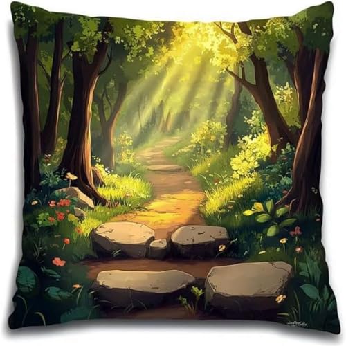 Pskgbxmu Kreuzstickpackung Gestempelte Stick-Kissenbezüge DIY Gebastelt Kissenbezug ohne Kissenkern für kreative Inneneinrichtung Handarbeitsset Waldtreppe 45x45cm von Pskgbxmu