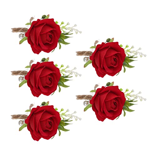 Pssopp 5 Stück Rosen-Boutonniere für Hochzeiten, Weiße Boutonniere, Handgefertigte Ansteckblumen mit Knopfloch, Künstliche Hochzeitsblumen-Accessoires für Männer, Bräutigam, Braut, (Rot) von Pssopp