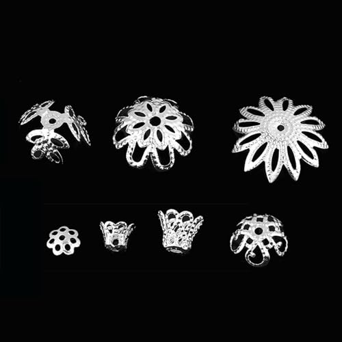 Pssopp Blütenförmige Spacer -Perlenkappe Schmuckbefunde, 300pcs, Metallzubehör mit 7 Größen, für Halskettenarmband -Ohrring Herstellung, mit Großer Menge, Vielseitige Verwendung (SILVER) von Pssopp