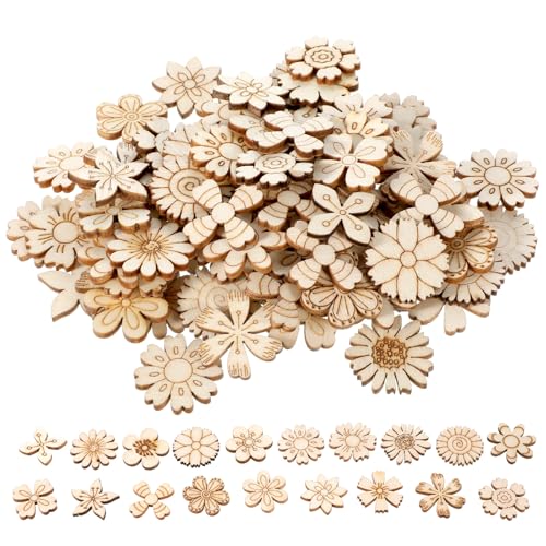 100 Stück unlackierte Holzblumen-Holzstücke, Blumenausschnitte, Holzblumenscheiben, Verzierungen, Mini-Hölzer, handgefertigte Basteldekoration für DIY, Zuhause, Party-Dekoration von Psyqtsuary