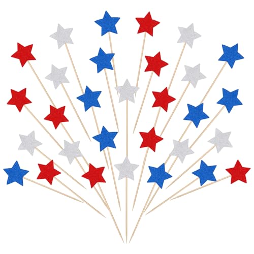 30 Stück glitzernde Stern-Cupcake-Topper, patriotische rot-weiße und blaue Dekorationen, Verlobung-Cupcake-Topper, Stern-Geburtstagsdekorationen, amerikanische National-Party-Kuchendekorationen, 30 Stück glitzernde Stern-Cupcake-Topper, patriotische rot-weiße und blaue Dekorationen, Verlobung-Cupcake-Topper, Stern-Geburtstagsdekorationen, amerikanische National-Party-Kuchendekorationen, von Psyqtsuary
