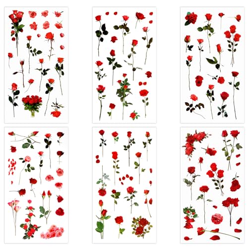 6 Blatt Rosen Sticker, Blumen Scrapbooking Aufkleber, Transparent Blumen Sticker, Wasserfeste Flower Stickers, PET Blumens Aufkleber, Pflanzen Blumens Stickers Set für Fotoalbum Sammelalbum Handwerk 6 Blatt Rosen Sticker, Blumen Scrapbooking Aufkleber, Transparent Blumen Sticker, Wasserfeste Flower Stickers, PET Blumens Aufkleber, Pflanzen Blumens Stickers Set für Fotoalbum Sammelalbum Handwerk von Psyqtsuary