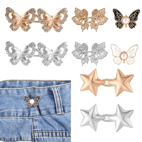 8 Sets Knöpfe Hosen Enger Machen, Schmetterlingsform Hosen-Enger Machen Clip Sternform Blütenform Waist Clip Fliege-Form Hosenknopf Zum Enger Machen-Jeans Knöpfe Ohne Nähen Verstellbare Jeansknöpfe von Psyqtsuary