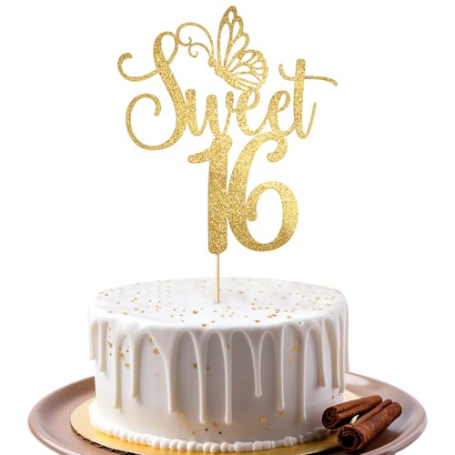 Sweet 16 Cake Topper Sweet Teenager 16 Cake Topper Glitter Gold Glitter Sweet 16 Cake Topper Cheers to 16 Years Birthday Anniversary Wedding Party Cakes Decor von Psyqtsuary
