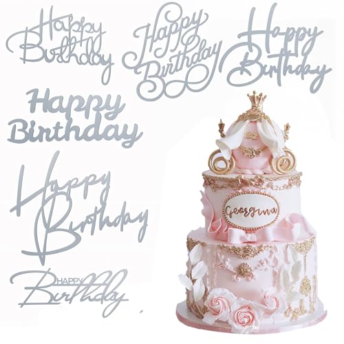 Tortenaufsatz-Set "Happy Birthday", silberfarben, mit Seitenspiegel, Acryl-Kuchenaufsatz, Silberspiegel, Seiten-Kuchenaufsätze für DIY-Kuchendekoration, Kuchen, Werkzeuge, Geburtstagsparty-Zubehör, 6 von Psyqtsuary
